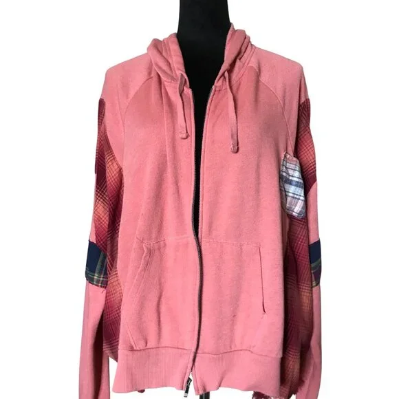Coral Patchwork Upcycled Hoodie, Size M-L: Boho Cottagecore Zip-Up Jacket - Picture 9 of 15